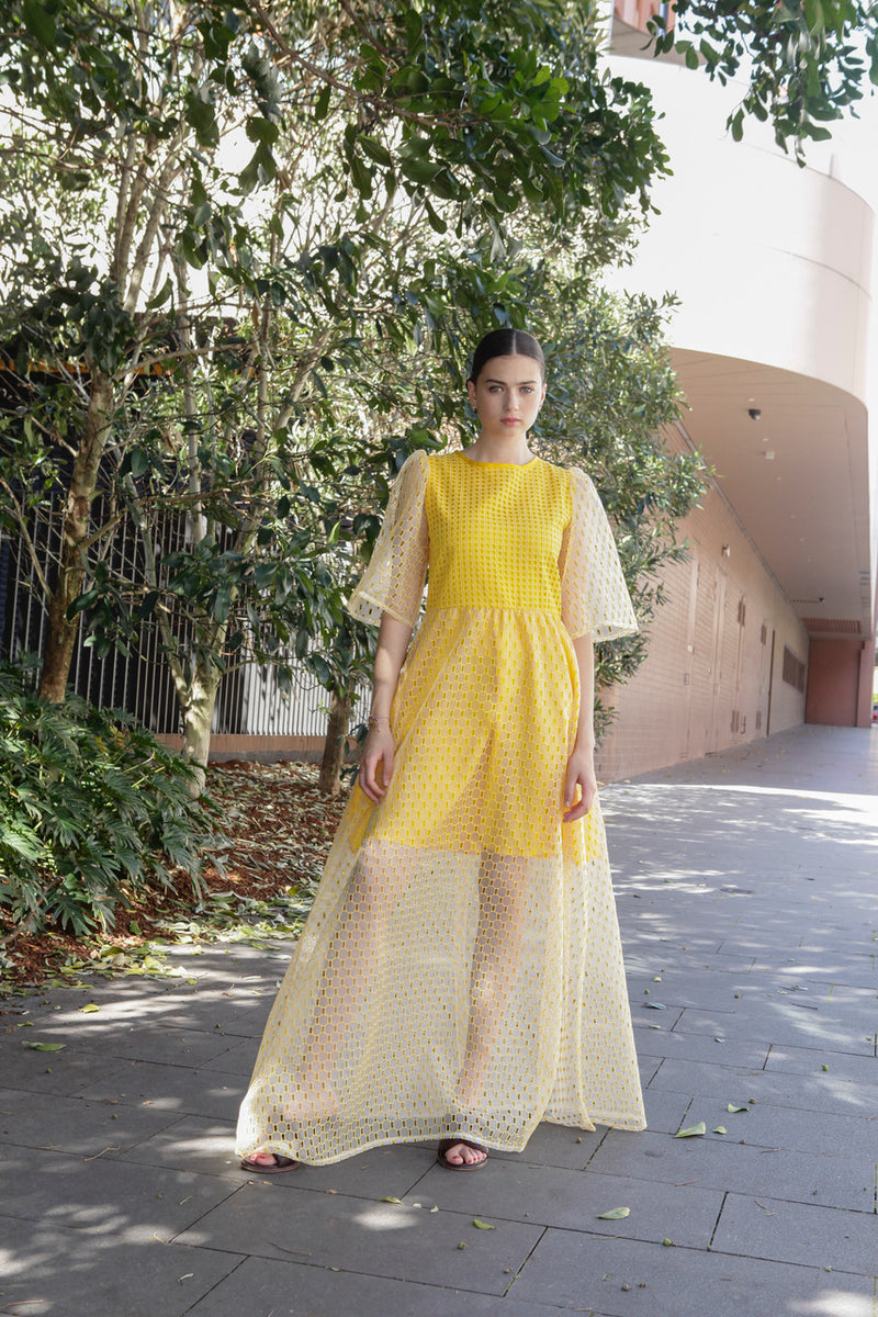 1- Beatrix long dress in yellow silk organza