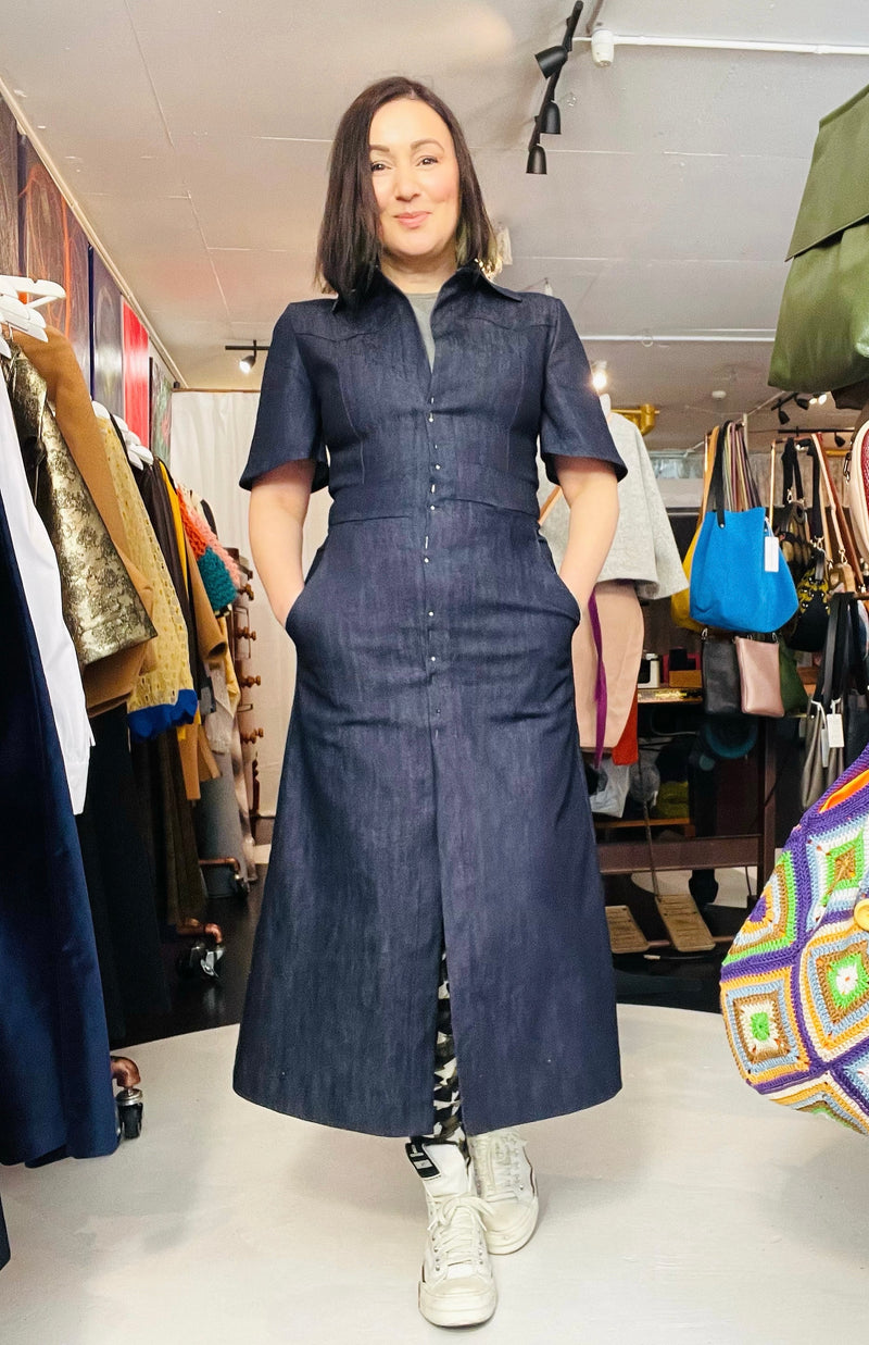 1- Albert long denim dress with short sleeves