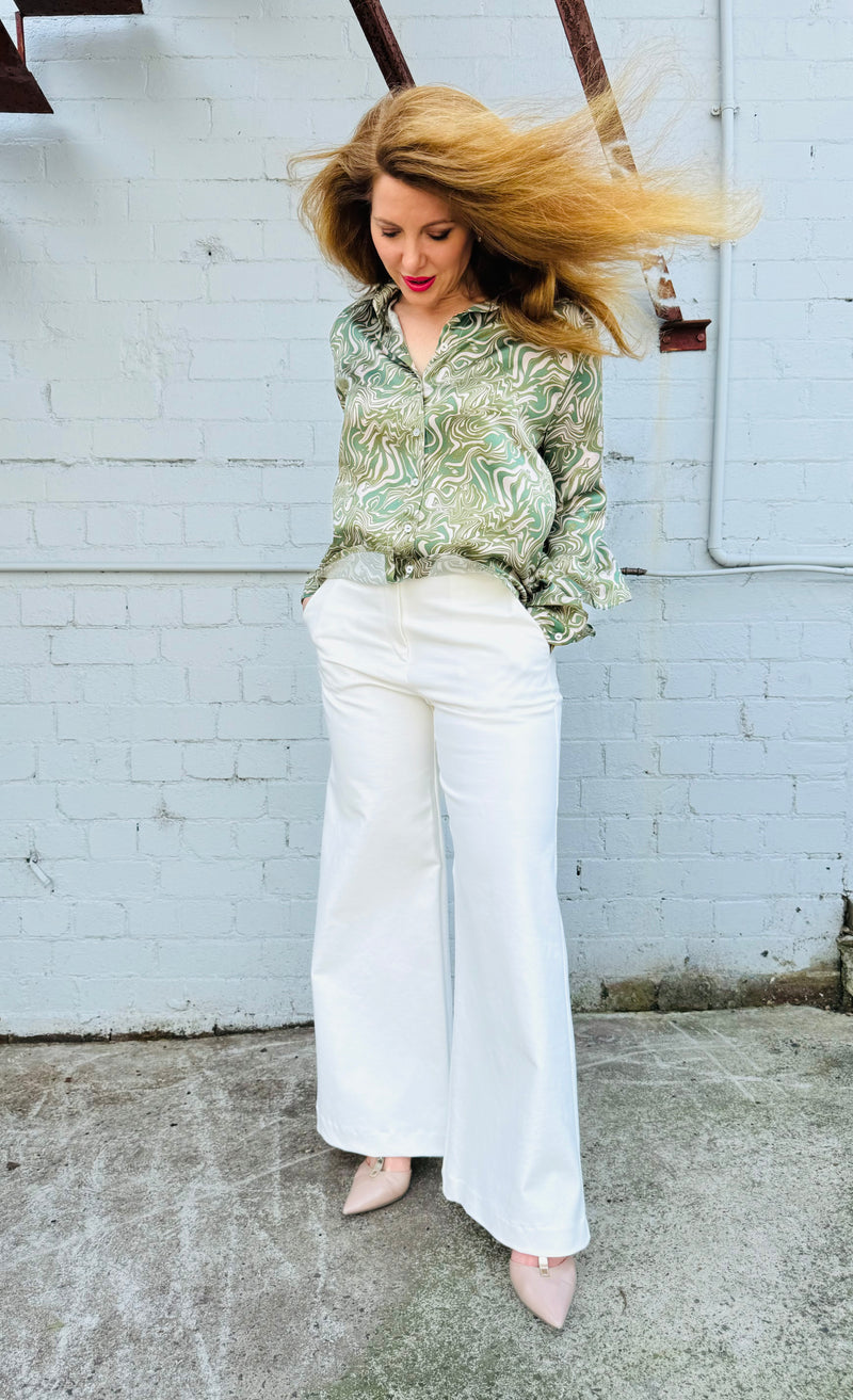 1- Geo shirt in green swirl silk charmeuse