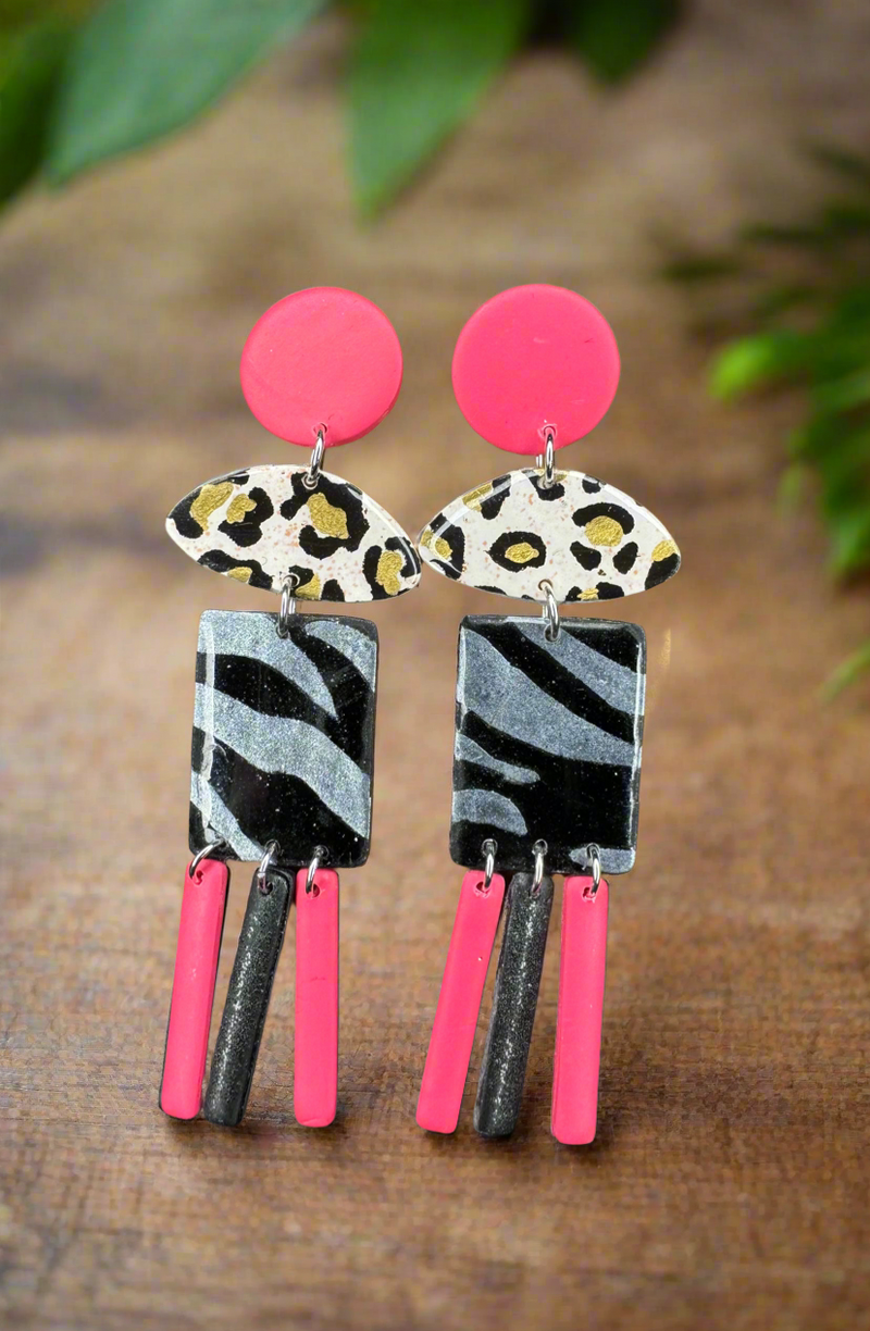 1- Long pink and animal print earrings