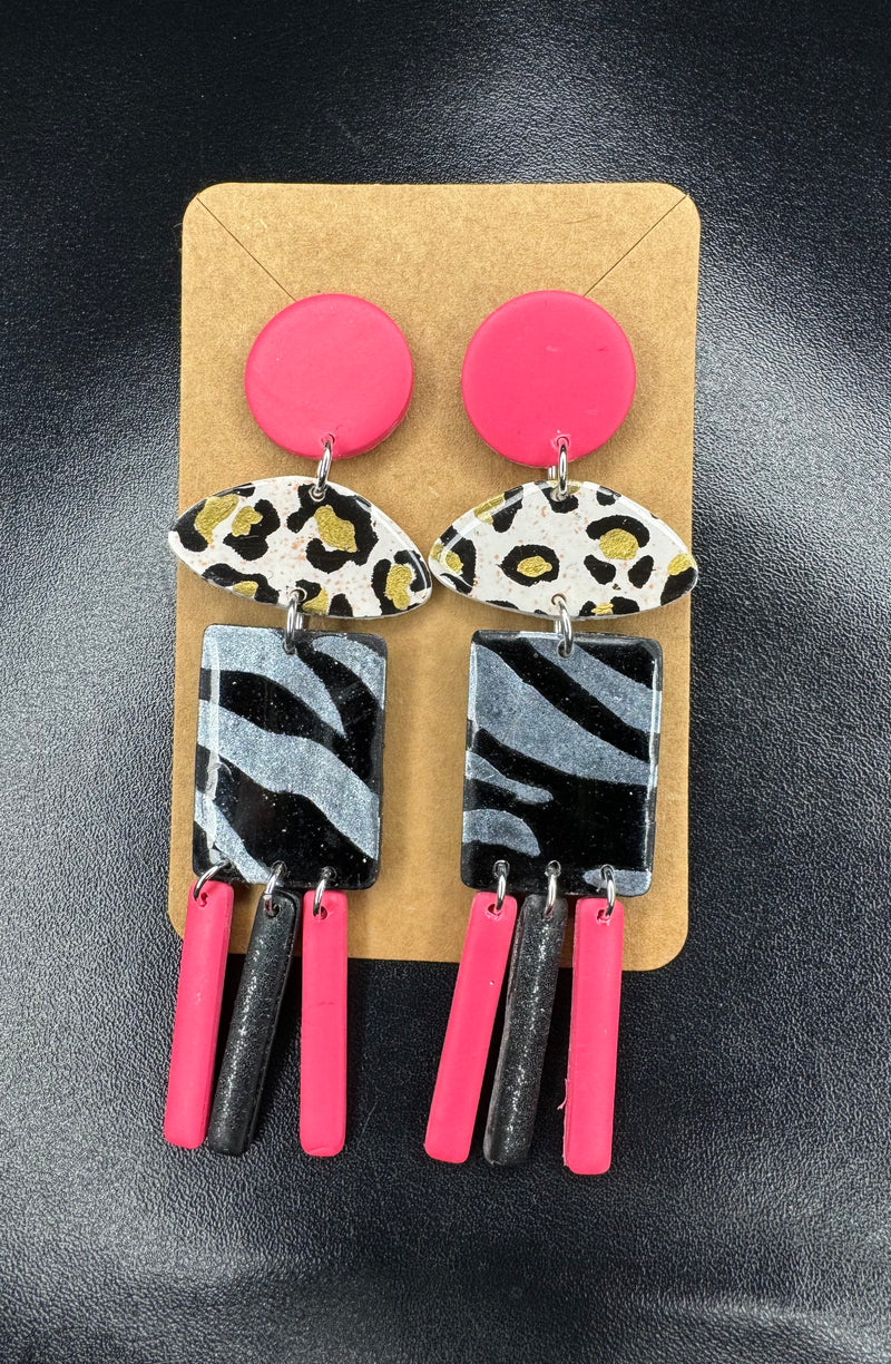 1- Long pink and animal print earrings