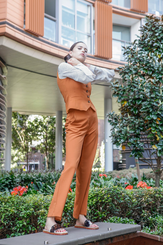 1- Camel high waisted pants with straight leg – natalija rushidi