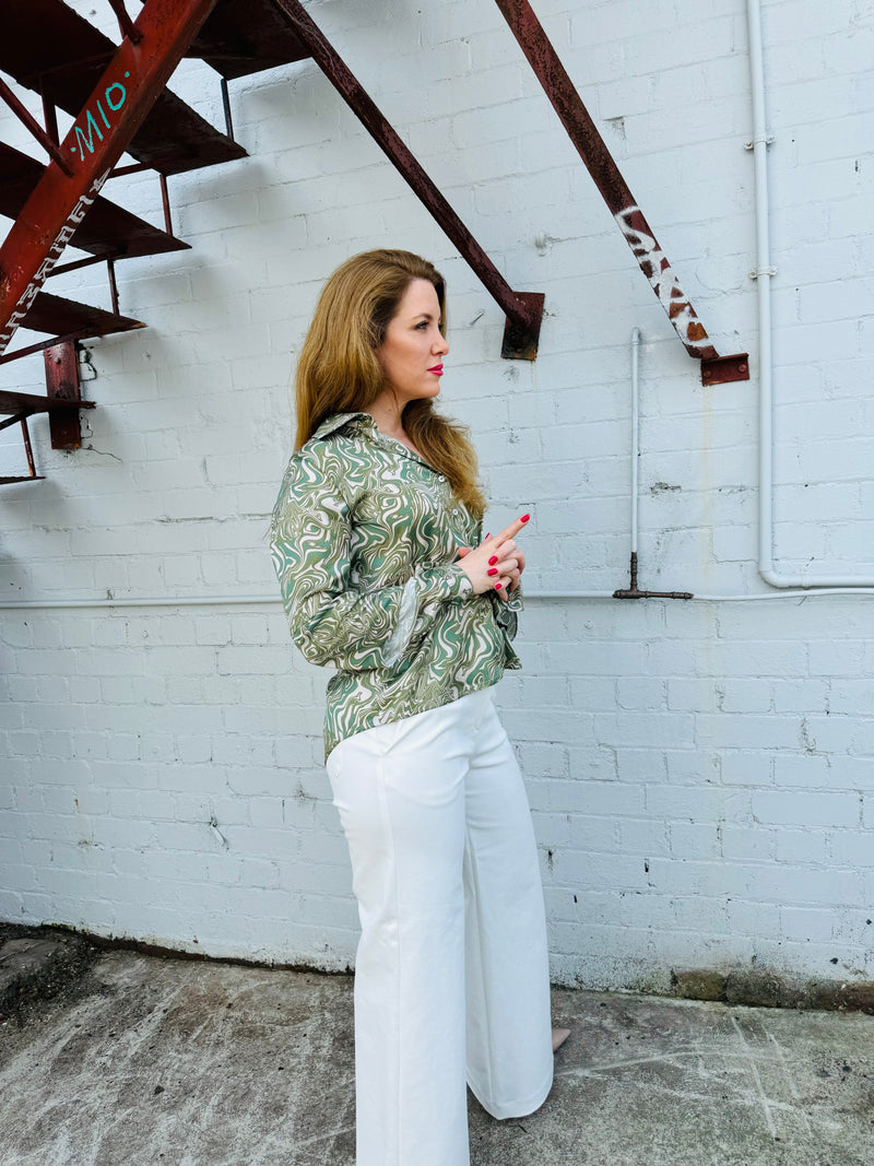1- Geo shirt in green swirl silk charmeuse