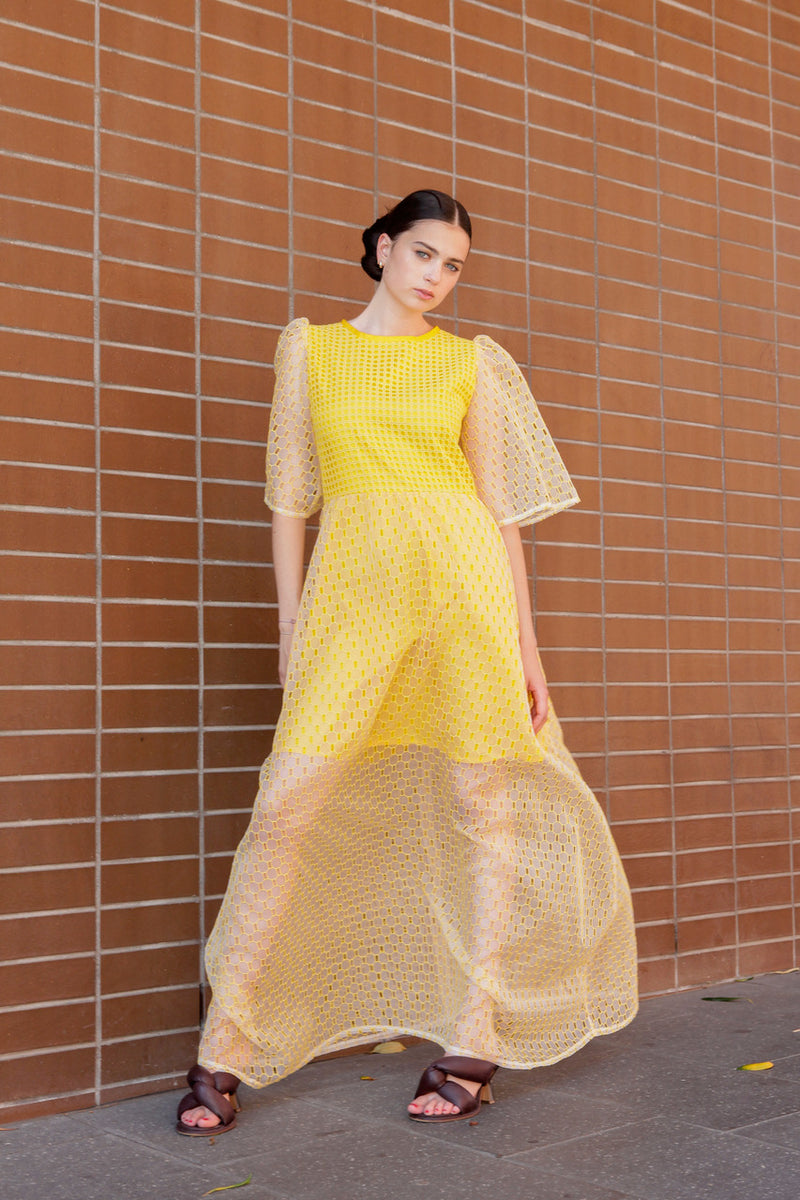 Beatrix long dress in yellow silk organza