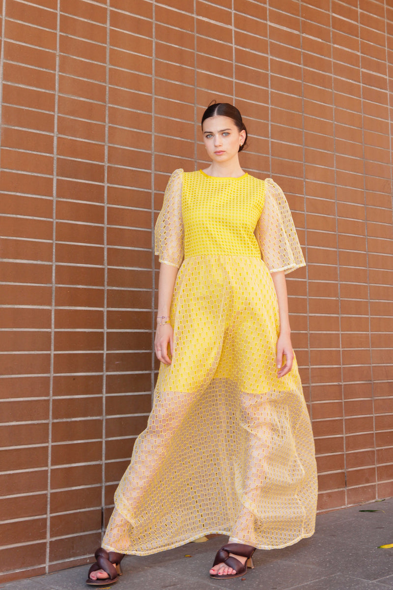1- Beatrix long dress in yellow silk organza