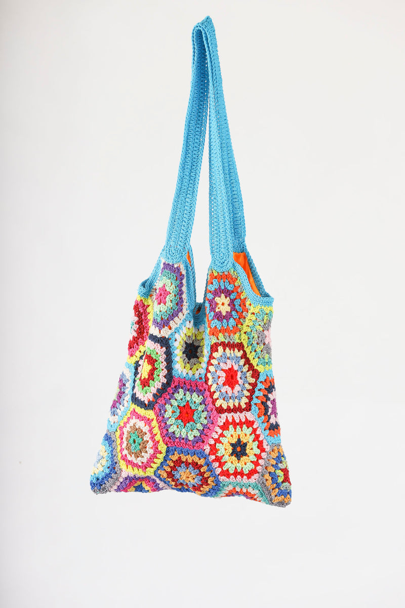 Handmade crochet bag in multi aqua