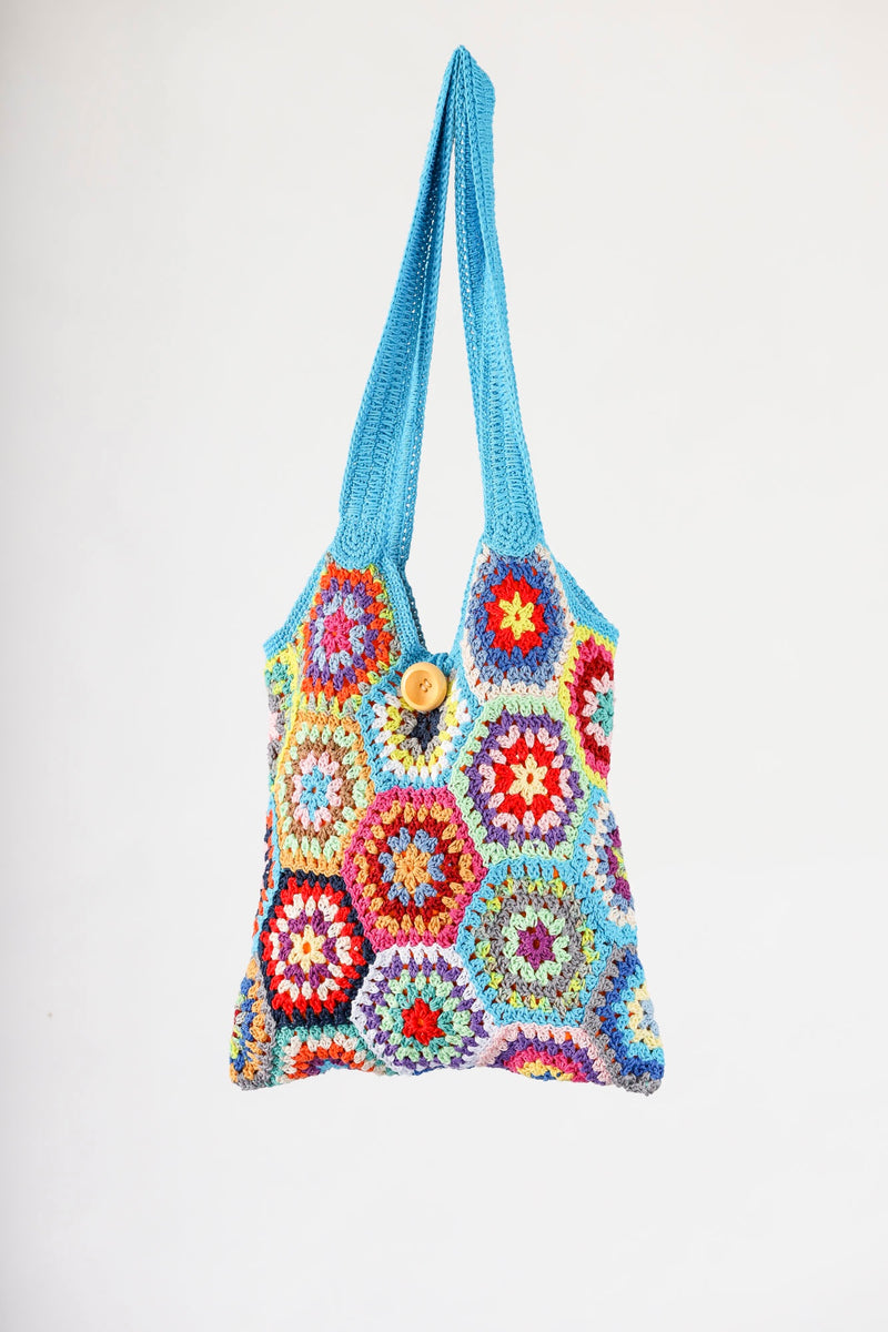 Handmade crochet bag in multi aqua