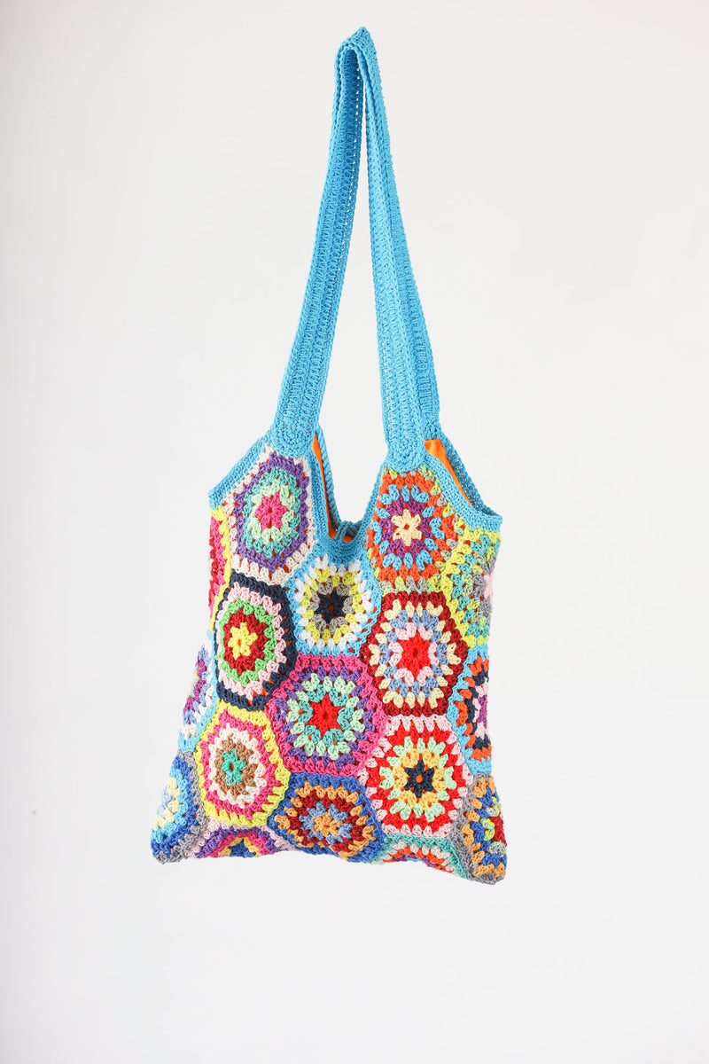 Handmade crochet bag in multi aqua