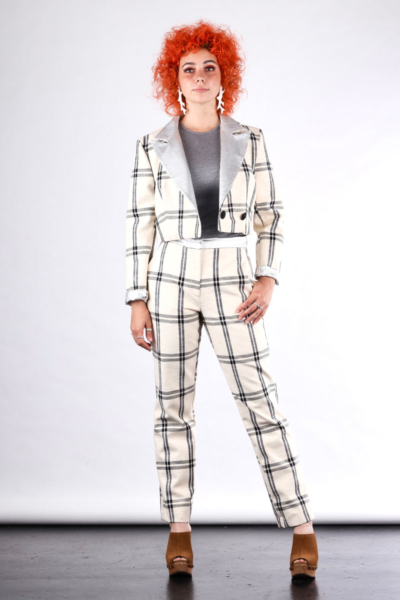 1- Winter weight high waisted straight leg pants in check
