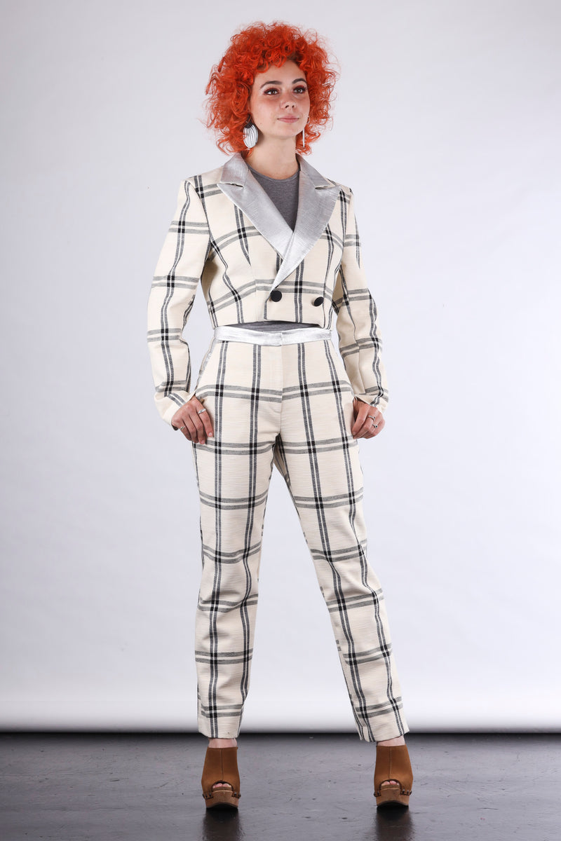Bob cropped blazer in off white check and silver