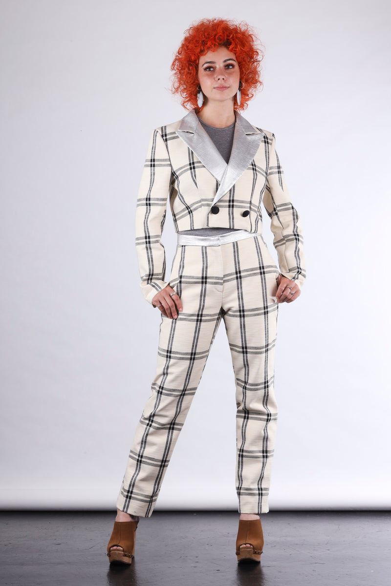 Bob cropped blazer in off white check and silver