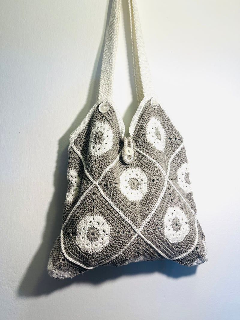 Handmade crochet square bag in white and grey