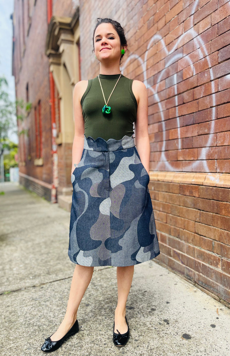 Jo denim skirt knee length by Natalija Rushidi