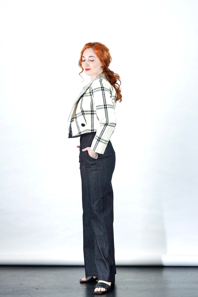 Bob cropped blazer in off white check and silver