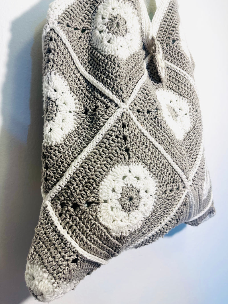 Handmade crochet square bag in white and grey
