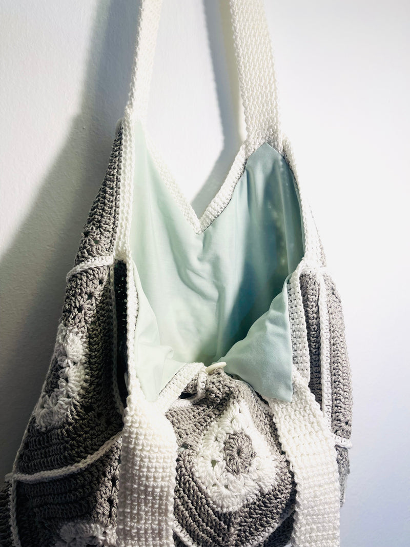Handmade crochet square bag in white and grey