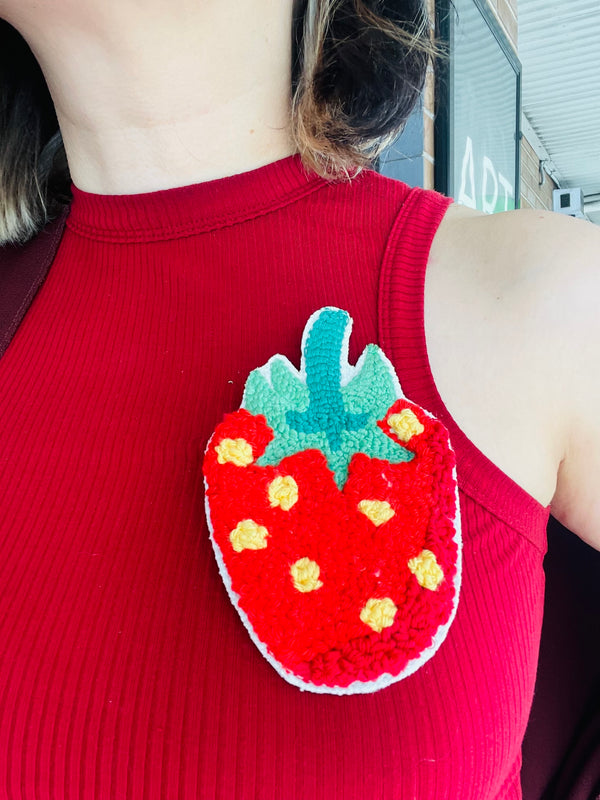 Strawberry embroidered brooch
