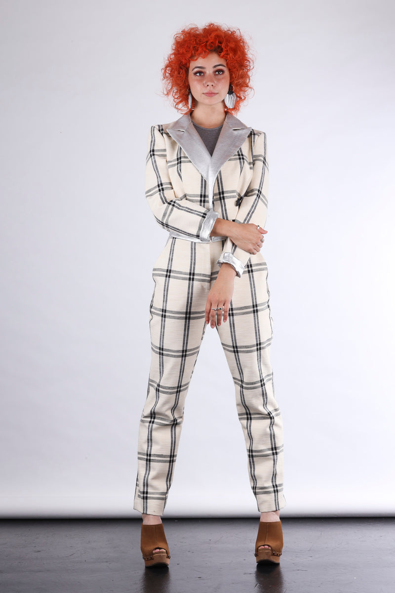 Bob cropped blazer in off white check and silver