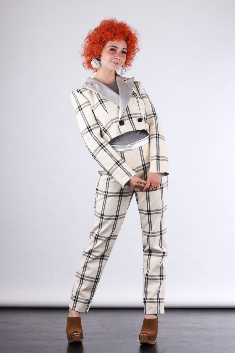 Bob cropped blazer in off white check and silver
