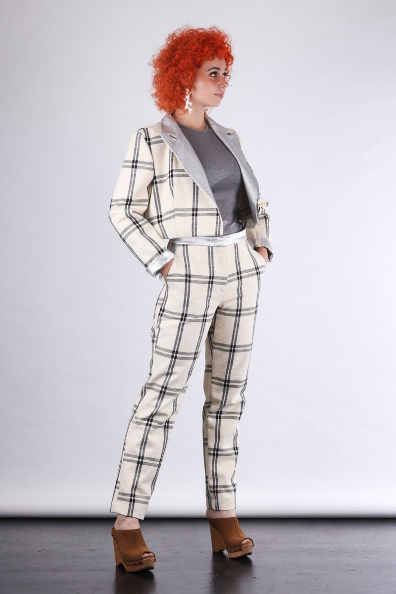 Bob cropped blazer in off white check and silver