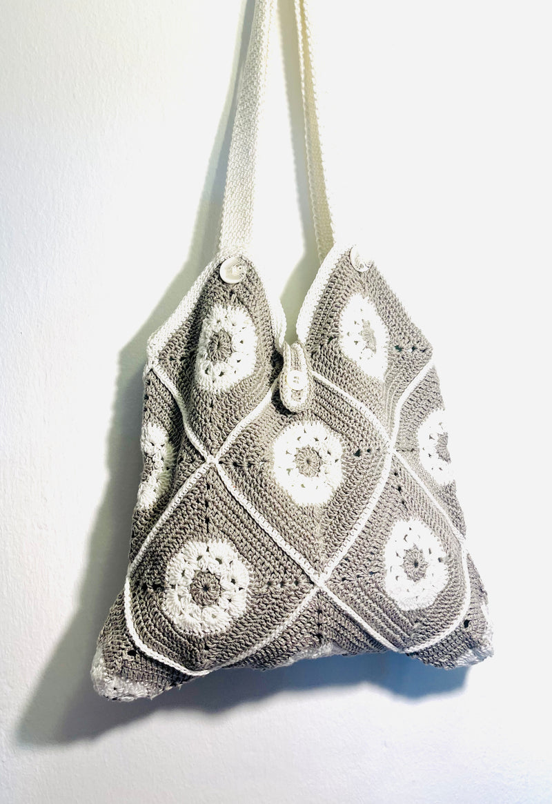 Handmade crochet square bag in white and grey